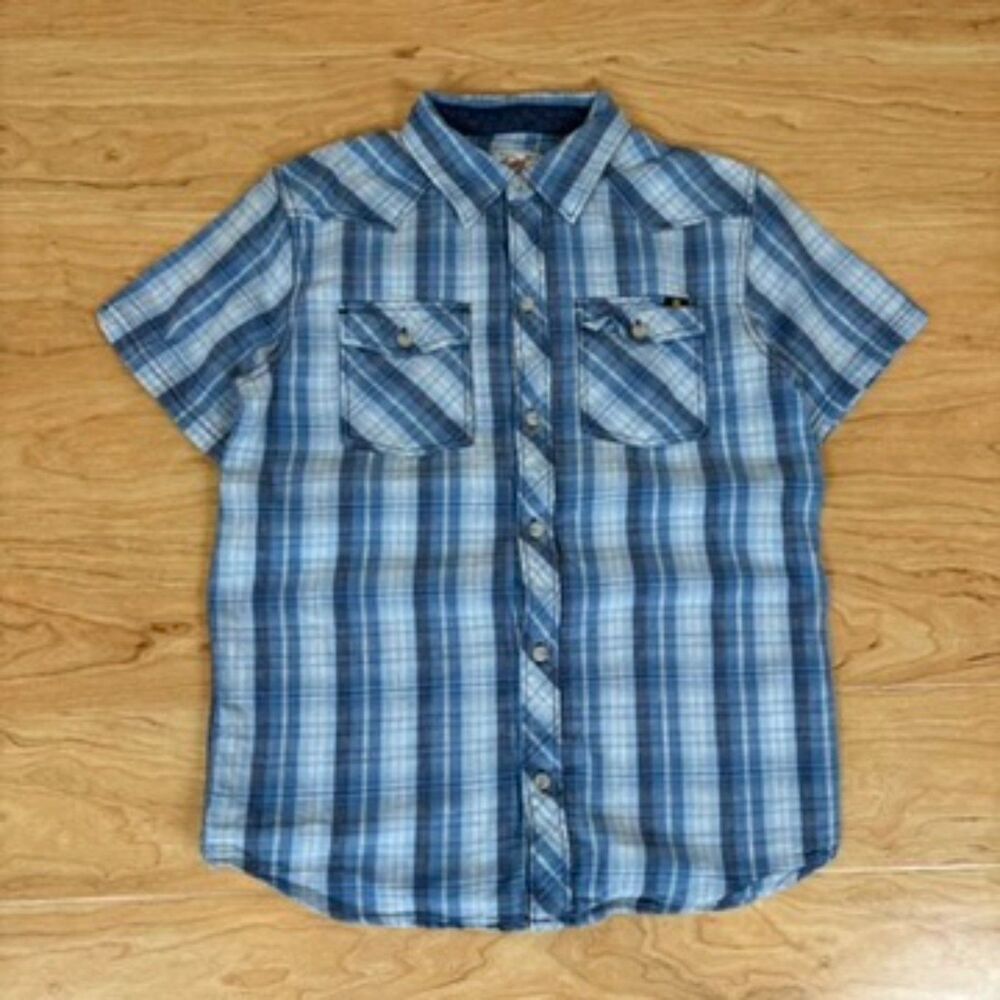 Lucky Brand Blue Plaid Short Sleeve Western Shirt Kids Large